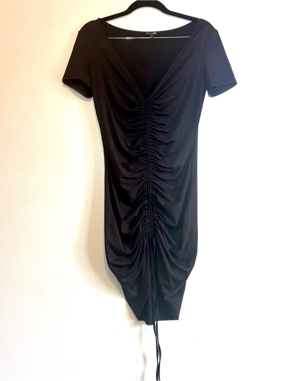 Fashion Nova Black Ruched V-Neck Mini Dress